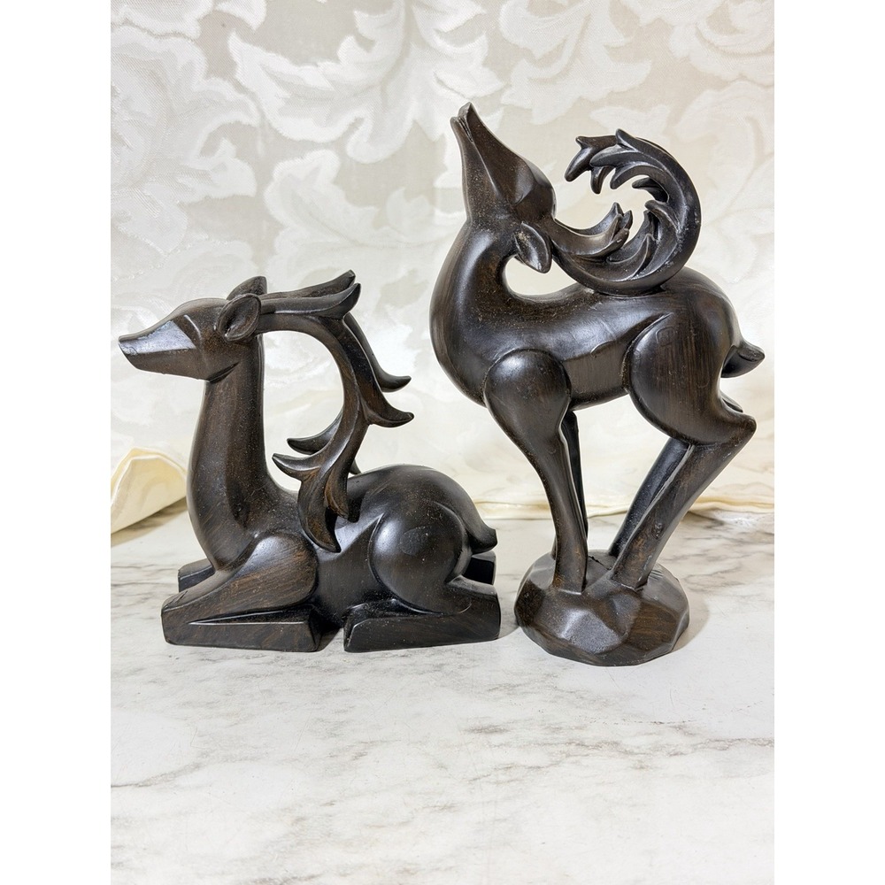 Reindeer Ebony Wood Hand carved Deer Gisele Figurines Set  (3373)